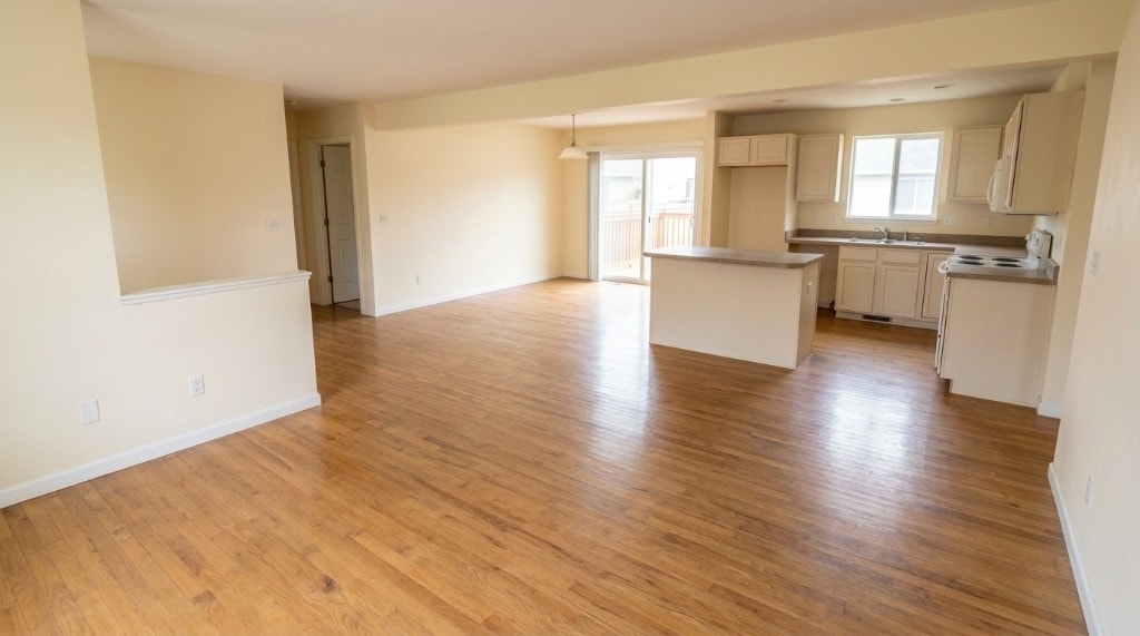 Same apartment living area cleaned and reset after a Leina Cleaning move-out clean
